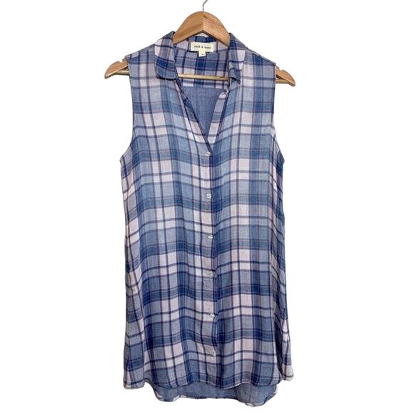 Cloth & Stone Plaid Sleeveless Button Down Collared Mini Shirt Dress Blue Small - Picture 1 of 8